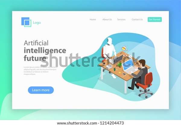 Flat\
isometric landing page for AI future, robot and human cooperation,\
artificial intelligence, business\
automation.