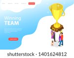 Flat isometric landing page template of winning team, effective teamwork, business leadership, successful project.