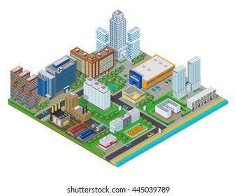 Flat isometric urban city real estate background with buildings, shops, trees and roads on the plane. - Powered by Shutterstock