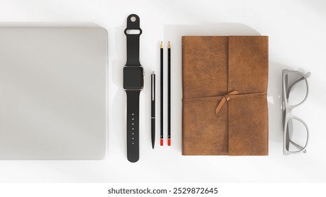 Flat lay of laptop computer, smart watch, brown leather notebook, pen and gray eyeglasses in sunlight from window on white desktop for technology, lifestyle product background 3D
