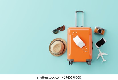 Flat Lay Orange Suitcase With Face Mask And Travel Accessories On Blue Background. 3d Rendering