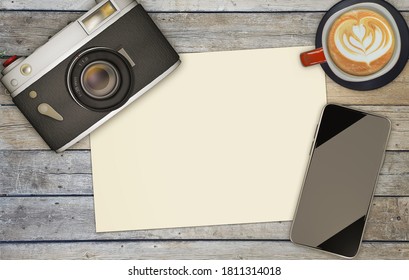 A flat lay photography mockup, with a film camera, a smartphone and copy space to add your own titles. A flat lay3D illustration, intro card template - Powered by Shutterstock