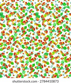Flat lay seamless pattern featuring ripe strawberries with green leaves and mint sprigs scattered across a white surface.