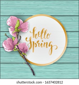 Flat lay style mother s day greeting card with flower magnolia twig on blue wooden table. Hello spring Hand drawn brush pen lettering. design holiday greeting card and invitation of wedding, birthday. - Powered by Shutterstock