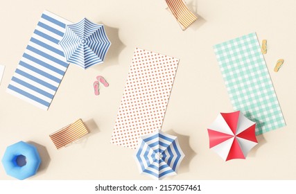 Flat lay summer vacation with beach towel, umbrella, chair and inflatable ring on cream color background. 3d rendering   - Powered by Shutterstock