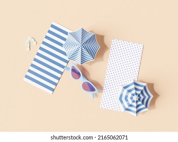 Flat lay summer vacation with beach towel, umbrella, chair and inflatable ring on cream color background. 3d rendering  