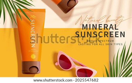 Flat lay of sunscreen tubes with summer palm leaves and sunglasses on yellow background in 3d illustration. Suitable for summer cosmetic products.