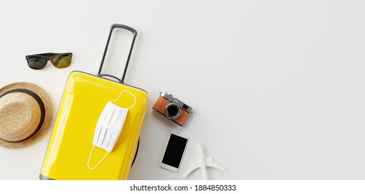 Flat Lay Yellow Suitcase With Face Mask And Travel Accessories On White Background. 3d Rendering	
