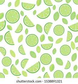 Flat Limes Slices With Green Leafs Seamless  Pattern On White Background.