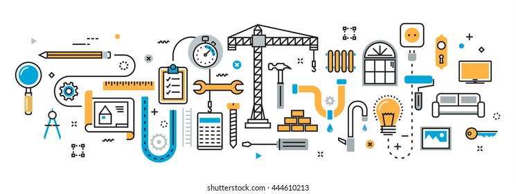 Flat line design illustration concept plan of house and home remodel process, repair service, building, painting, renovation and construction for website banner and landing page, infographics - Powered by Shutterstock