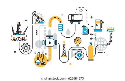 Flat Line Illustration Concept Of Graph, Plan, Scheme, Mechanism, Algorithm, Step Of Oil And Gas Production Industry Process, Petroleum Product, Extraction, Valving, Oil Well Pump For Website Banner