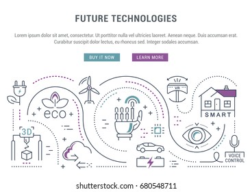 Flat Line Illustration Of Future Technologies. Concept For Web Banners And Printed Materials. Template With Buttons For Website Banner And Landing Page. Raster Version.