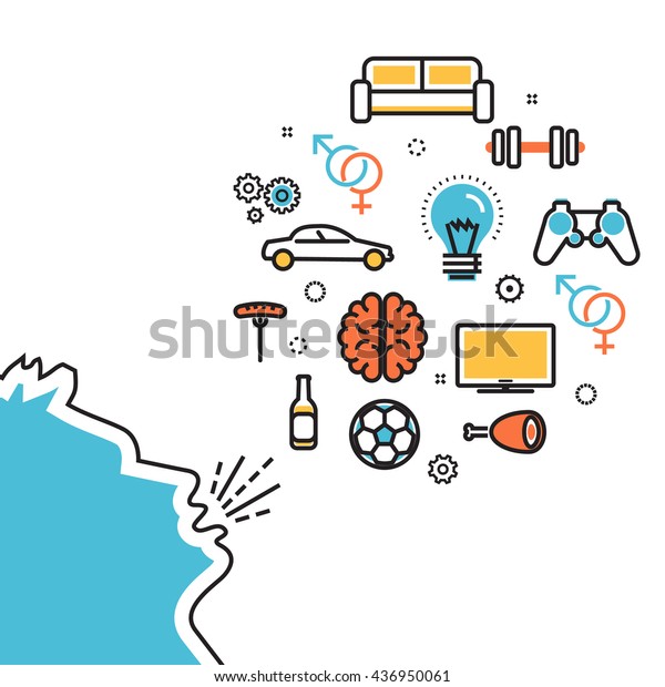 Flat line illustration of man shouts and talk\
about their favorite interests, \
wanted, dream, idea, desire,\
wish. Website blog banner, infographic elements, logo, icon and\
thought process