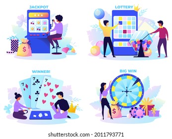 Flat Lottery. Cartoon Bingo Game Scenes With Happy Characters, Lotto Spinner, Fortune Wheel And Gambling Machine. Set