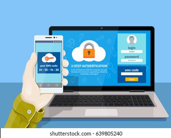 Flat man sitting at desktop and getting access to the website. Two steps authentication on computer. A man is sitting at a laptop with a mobile phone in his hand. Raster image for website