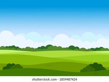 Flat meadow landscape with grass. Valley landscape with blue sky and white clouds. Empty green field with trees on sunny summer day. Green hills landscape background, empty glade template.   