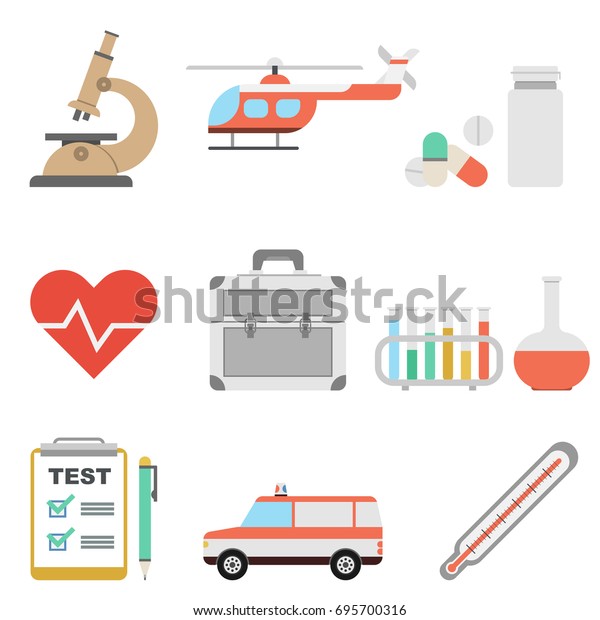 Flat medicine icons set. Medical test, pills,
heart and test tubes. Microscope, ambulance car and helicopter,
doctor suitcase,
thermometer