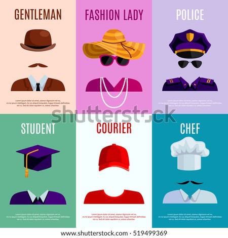Flat mini posters set of gentleman lady police student courier and chef hats and accessories  illustration
