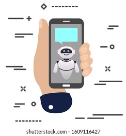 Flat Minimal Hand Holding Mobile Phone With Chat Robot Bot Bubble Frame Icon On White Background. Bubble Droid Icon Set For Websites, Blog, Mobile Interfaces