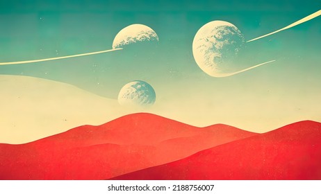 Flat minimal sci  fi landscape  4K wallpaper mars  and the sun   other planet in the horizon  Minimalistic background and orange hills   gradient sky  Moon  planets   stars  Science  fiction 