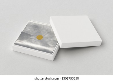 Flat open white square box with silver wrapping paper on white background. 3d illustration