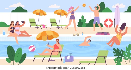 Flat people at outdoor swimming pool summer party. Men and women playing, sunbathing and having fun. Vacation activity event  scene. Friends taking selfie photos, relaxing on lounger - Powered by Shutterstock