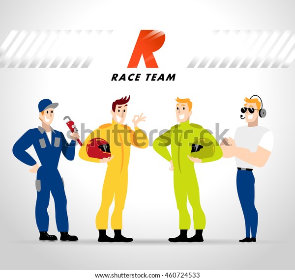 Flat profession characters. Human profession icon.\
Friendly, happy people portrait.  Sport race team, car service\
group, people set. Auto logo, insignia. Man, boy, guy icon. Cartoon\
style.