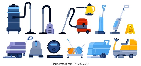 Flat Professional Cleaning Service Equipment, Vacuums And Machines. Steam Mops, Industrial Sweeper Car And Robot Vacuum Cleaner  Set. Electric Domestic Appliance For Household Chores