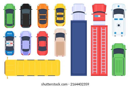 Flat Public Transport, Trucks And Cars Aerial Top View. School Bus, Police, Fire Engine, Ambulance And Cargo Lorry. City Vehicles  Set Of Truck Vehicle, Car Public Transport Illustration