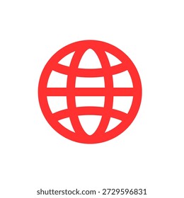 Flat red globe icon representing global connectivity, isolated on a clean background, suitable for UI design.