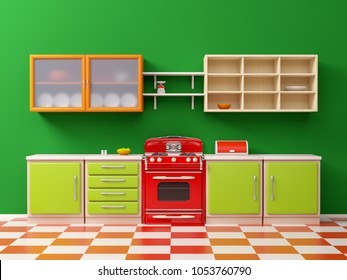 Flat Retro Kitchen Interior In 50s Style. 3d Illustration