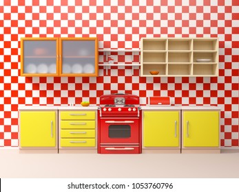 Flat Retro Kitchen Interior In 50s Style. 3d Illustration