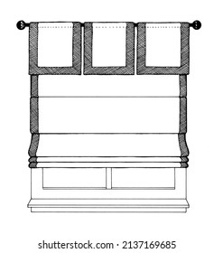 Flat Roman Shade On A Decorative Rod With Flags And Coordinating Banding 