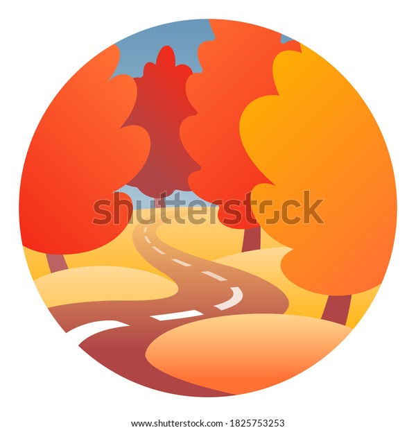 Flat round minimalist icon with the autumn\
highway going through the forest and surrounded by trees. Warm\
yellow, orange, and red color scheme.\
