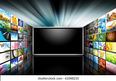 A Flat Screen Television Has A Blank Black Text Area With Photo Images Coming Out Of The Sides Of It. The Tv Has A Glowing Light Coming Out The Top. Use It For A Media Technology Concept.