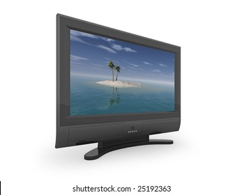 Flat screen TV showing image of desert island. Please see my portfolio for variations, and full size desert island image.