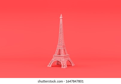 Flat single color, plastic mini Eiffel Tower room accessory in monochrome pink background, 3d rendering, toys and decorative objects