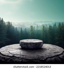 Flat small stone podium on rock platform 3d illustration, gray rock pedestal for product display, green forest and blur horizon on the background, natural scenery landscape, soft daily light