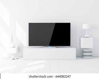 Flat Smart Tv Mockup On Stand In Modern White Living Room. 3d Rendering