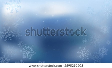 Flat snowflakes on blue gradient background. Vector snow. New Year background empty in the center. Clean winter holiday template in blue.