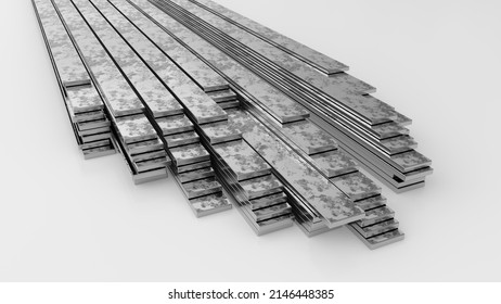 Flat Steel, Flat Iron, Stack Of Stainless Steel Flat Bar For Background Used. 3d Illustration.