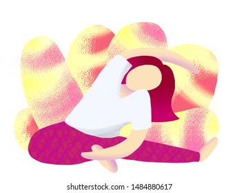 Flat stratching faceless female  Woman and purple gradient hair meditating 