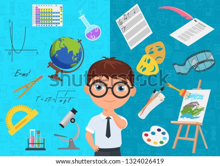 Flat style of diligent schoolboy character in glasses surrounded with various icons of school subjects on blue background. Academic specialization choosing.