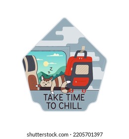 Flat Style Illustration Of Cartoon Cat With Suitcase Napping Inside Train Running Through Mountains With Take Time To Chill Lettering,