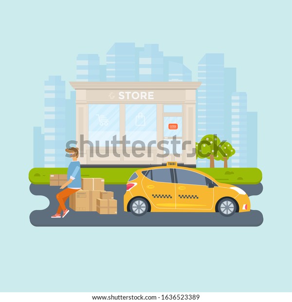 Flat style \
illustration delivery service concept. Taxi truck with young man\
holding box package, store,  shop shipping with sity background.\
Vector flat conceptual\
design.