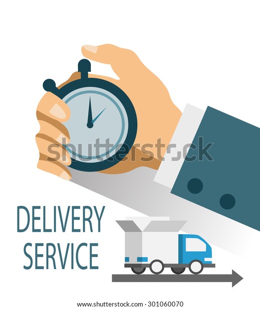 Flat style\
illustration delivery service concept. Abstract truck with open\
white box container and hourglass product item goods shop shipping\
with male hand holding\
stopwatch.