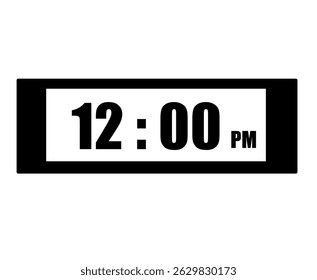 Flat style illustration of a rectangular digital alarm clock at 12.00 PM. Clock, watch, alarm sign, night.