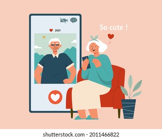 Flat Style Illustration Of Senior Woman Sitting On Armchair Swiping Online Dating App In Search Of Senior Man