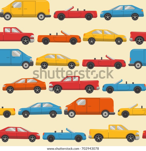Flat style seamless\
pattern with colorful cars. Different urban transport on light\
yellow background.