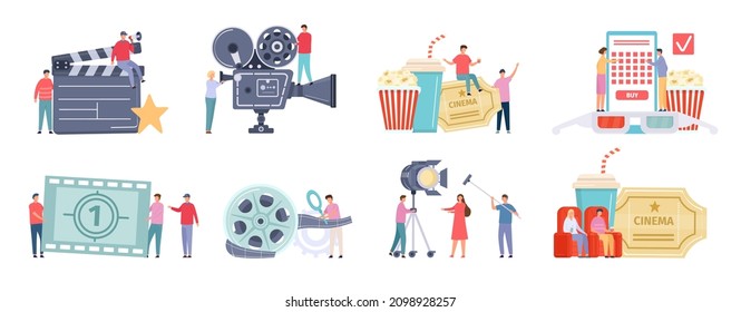 Flat tiny characters recording, making and watching movies. Film director, shooting crew, people at cinema. Movie production team  set. Man and woman buying tickets online, sitting in armchairs